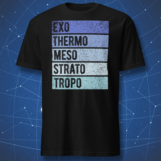 Black t-shirt with atmosphere layers design from exosphere to troposphere