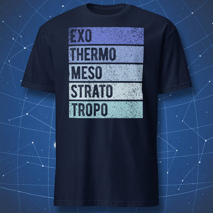 Navy t-shirt science design showing Earth atmospheric layers