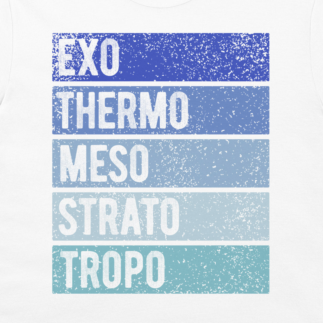A close-up of a white t-shirt  featuring a graphic print of five horizontal stripes in blue and teal with white distressed text reading 'EXO THERMO MESO STRATO TROPO'.