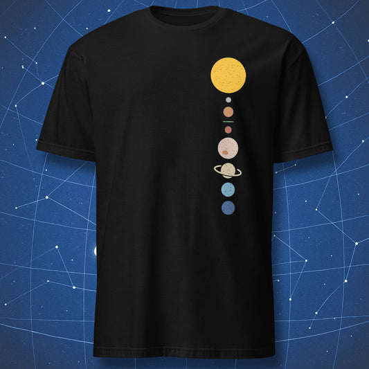 flat earth solar system t shirt minimalist planets vertical alignment joke