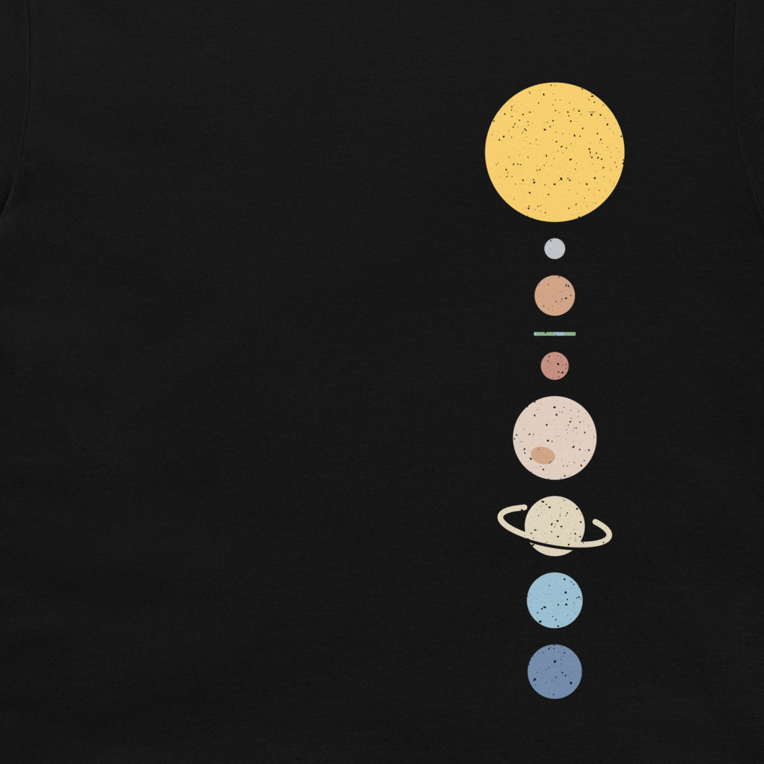 Close-up of a black flat earth solar system t shirt minimalist planets vertical alignment joke