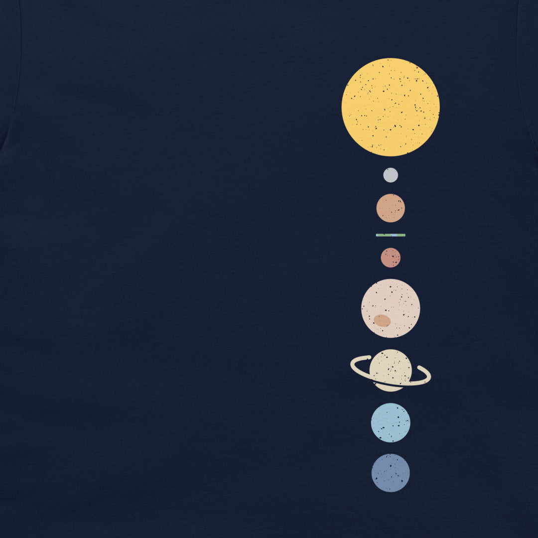 Close-up of a navy blue flat earth solar system t shirt minimalist planets vertical alignment joke