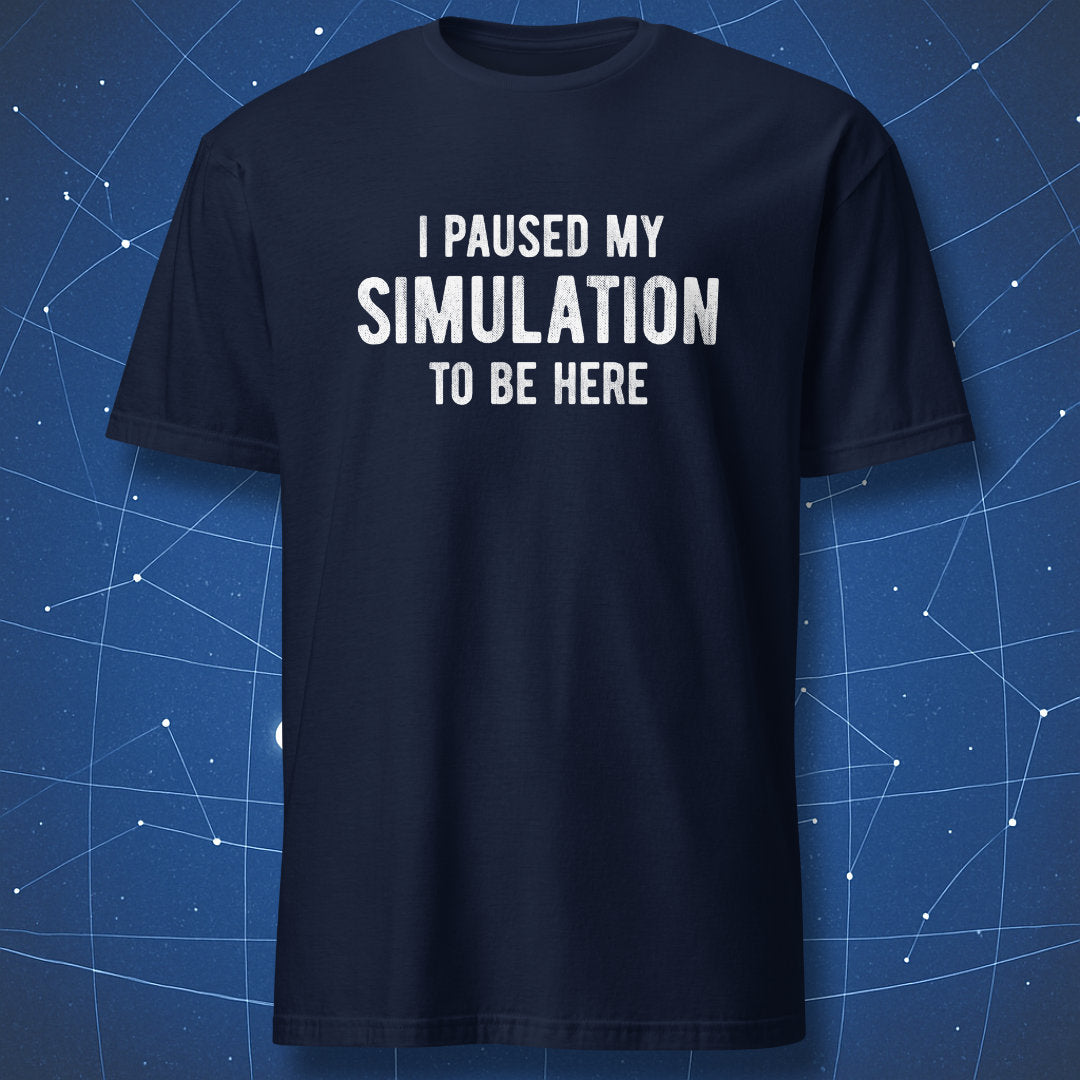 Navy T-shirt with minimalist simulation theory quote design