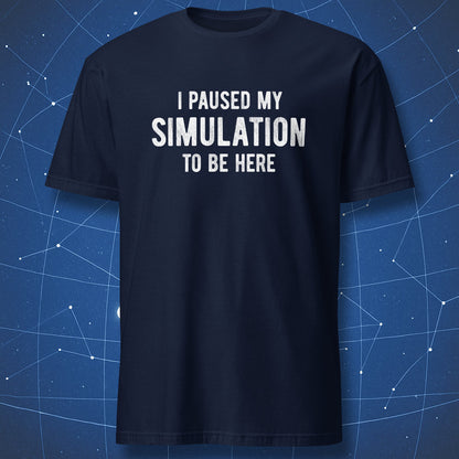 Navy T-shirt with minimalist simulation theory quote design