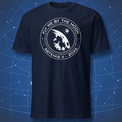 Fly Me By The Moon space t-shirt on navy blue fabric showing Moon close-up and small Earth through spacecraft window