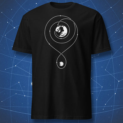 Black t-shirt with Artemis II trajectory diagram showing free return orbit path between Earth and Moon