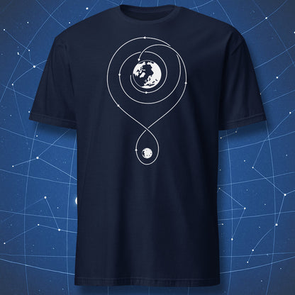 Navy t-shirt featuring minimalist free return trajectory design with Earth and Moon orbit path