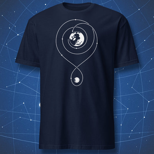 Navy t-shirt featuring minimalist free return trajectory design with Earth and Moon orbit path