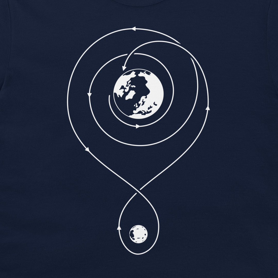 A close-up of a navy blue t-shirt, featuring a white graphic print of a planet with orbital paths and arrows.