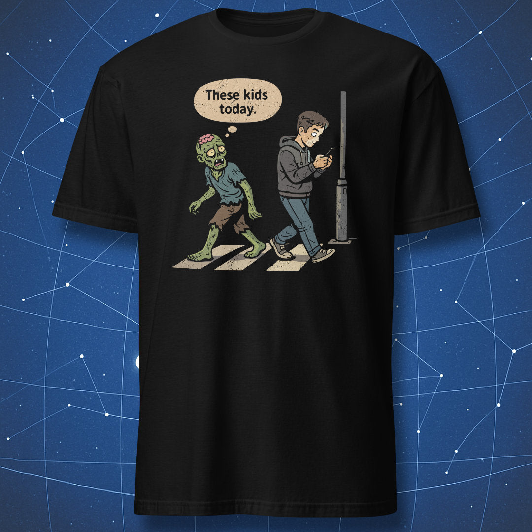 Funny zombie t-shirt design showing a real zombie judging a human distracted by a smartphone with text “These kids today”