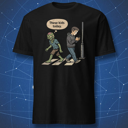 Funny zombie t-shirt design showing a real zombie judging a human distracted by a smartphone with text “These kids today”