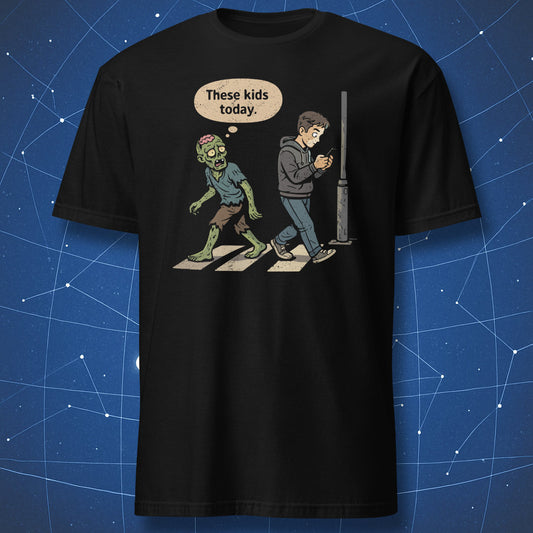 Funny zombie t-shirt design showing a real zombie judging a human distracted by a smartphone with text “These kids today”