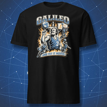 Galileo basketball t-shirt with vintage collage design showing Galileo spinning Earth like a basketball with “And Yet It Moves” text on black shirt