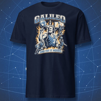 Galileo science t-shirt in navy featuring basketball parody collage with Earth as a ball and “And Yet It Moves” quote