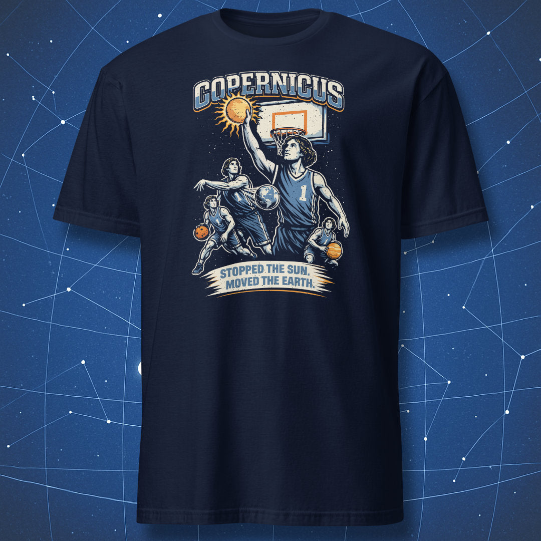 Navy Copernicus science t-shirt featuring basketball parody design with Sun as ball and Earth in motion with bold astronomy quote