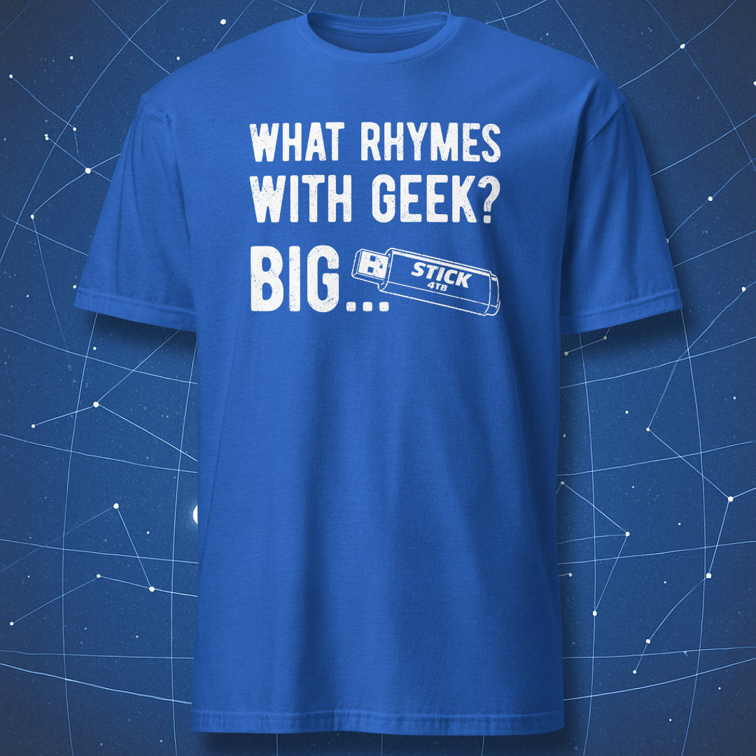 Royal blue t-shirt with nerd humor design featuring USB stick and “What rhymes with geek” text