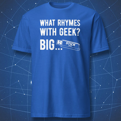 Royal blue t-shirt with nerd humor design featuring USB stick and “What rhymes with geek” text