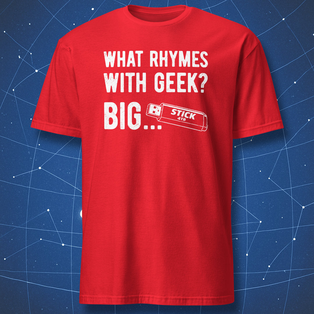 Red t-shirt with humorous geek joke and USB stick graphic labeled “Stick 4TB”