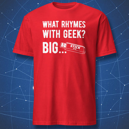 Red t-shirt with humorous geek joke and USB stick graphic labeled “Stick 4TB”