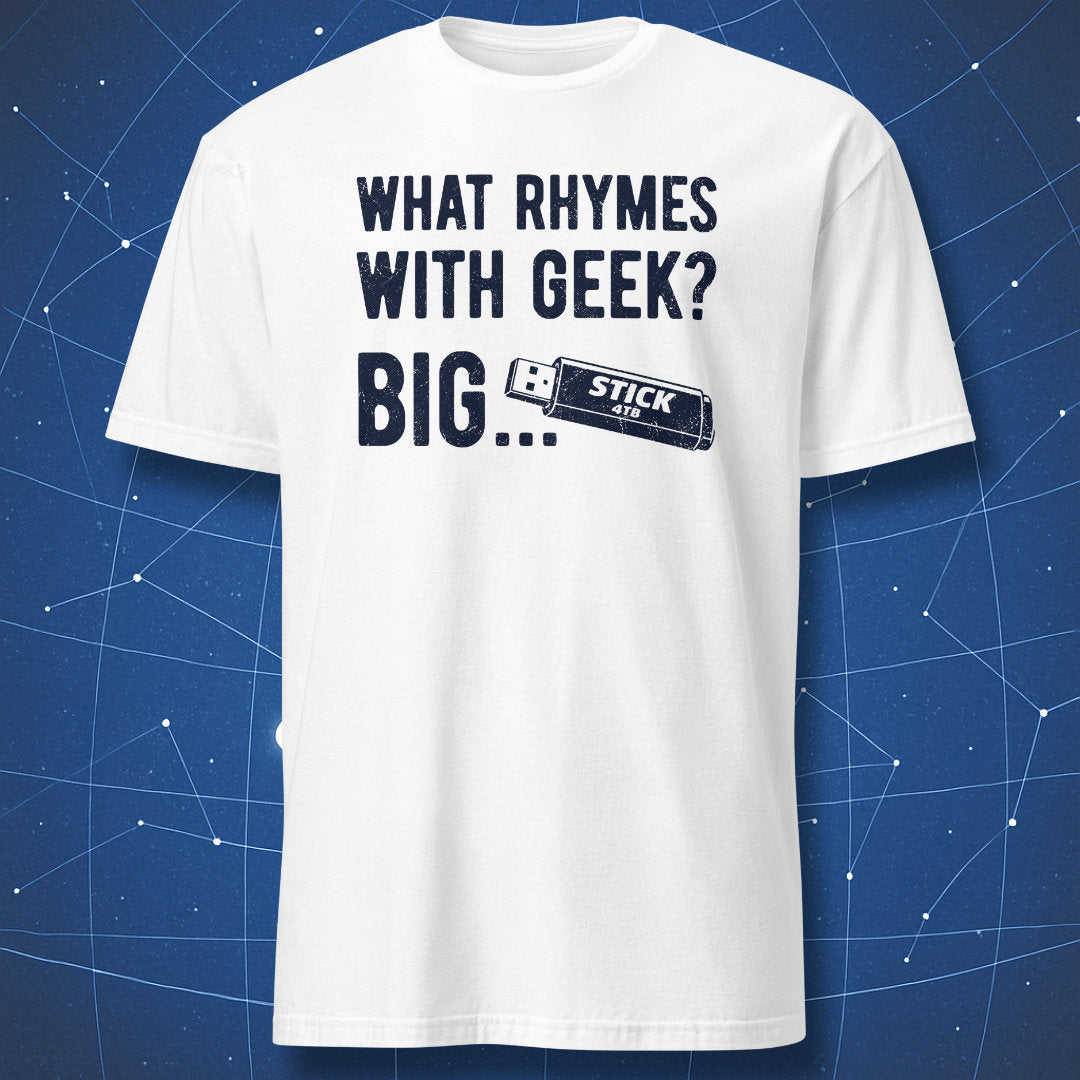 White t-shirt with dark print featuring geek rhyme joke and USB stick illustration
