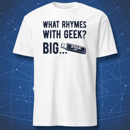 White t-shirt with dark print featuring geek rhyme joke and USB stick illustration