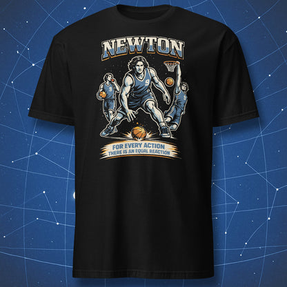 Black Newton physics t-shirt showing basketball collage with dribbling Newton and “For Every Action There Is an Equal Reaction” text