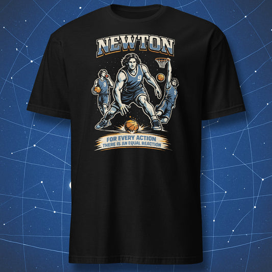 Black Newton physics t-shirt showing basketball collage with dribbling Newton and “For Every Action There Is an Equal Reaction” text