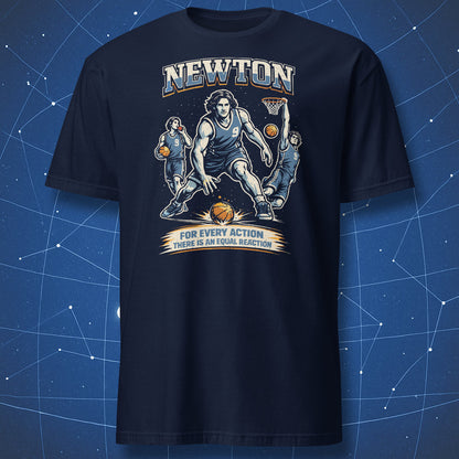 Navy blue Newton science shirt featuring basketball parody design with multiple Newton figures and physics quote about equal reaction