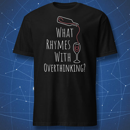 Black t-shirt with a graphic and text on a blue geometric background