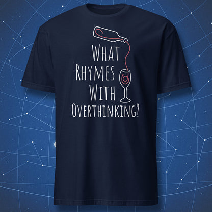 Navy blue t-shirt with white text and graphic on a blue geometric background