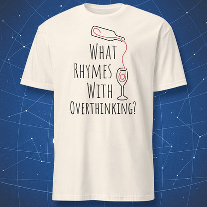 White t-shirt with text 'What Rhymes with Overthinking?' on a blue geometric background