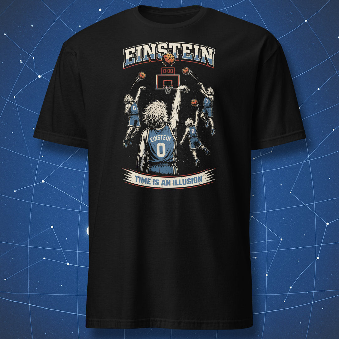 Black t-shirt with Einstein basketball design, multiple shots at 0:00 clock, “Time Is an Illusion” physics slogan