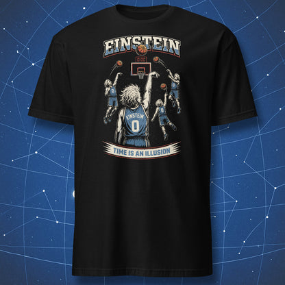 Black t-shirt with Einstein basketball design, multiple shots at 0:00 clock, “Time Is an Illusion” physics slogan