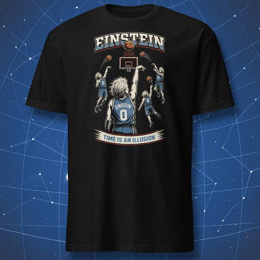 Black t-shirt with Einstein basketball design, multiple shots at 0:00 clock, “Time Is an Illusion” physics slogan