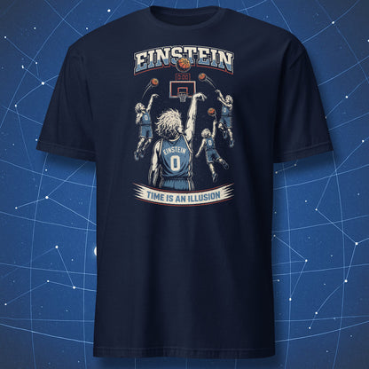Navy blue t-shirt with Einstein clutch shot basketball design, relativity theme, multiple balls in the air at buzzer