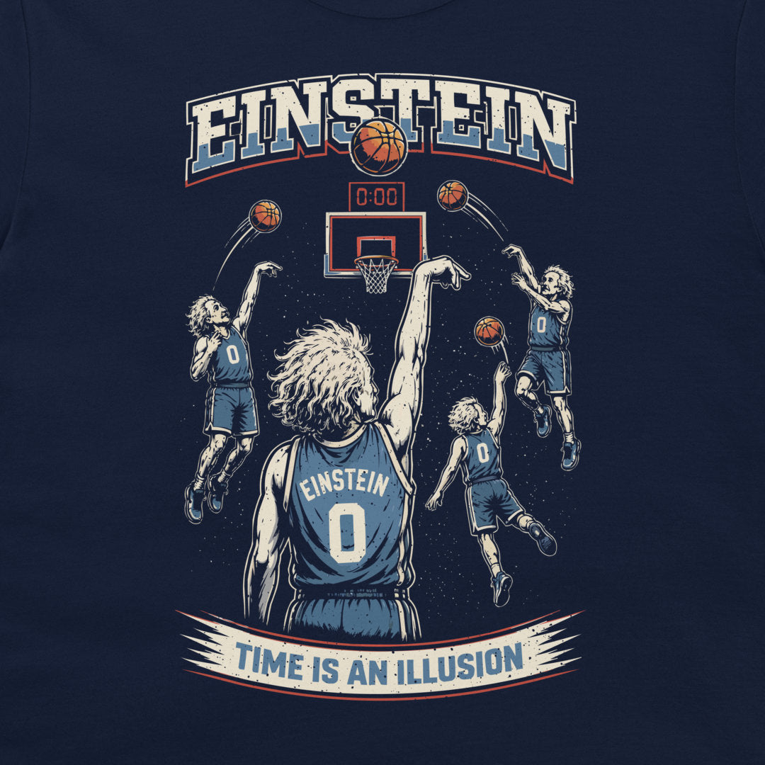 Navy blue t-shirt with Einstein clutch shot basketball design, relativity theme, multiple balls in the air at buzzer