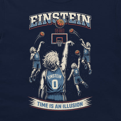 Navy blue t-shirt with Einstein clutch shot basketball design, relativity theme, multiple balls in the air at buzzer