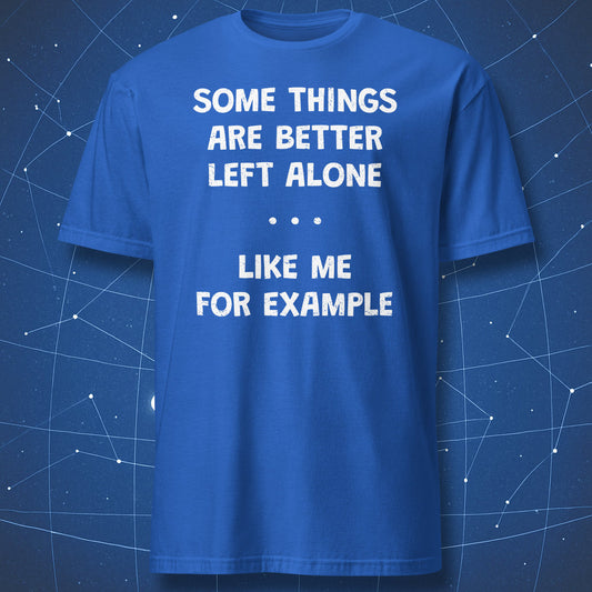 Blue t-shirt with “Some Things Are Better Left Alone Like Me For Example” introvert humor text