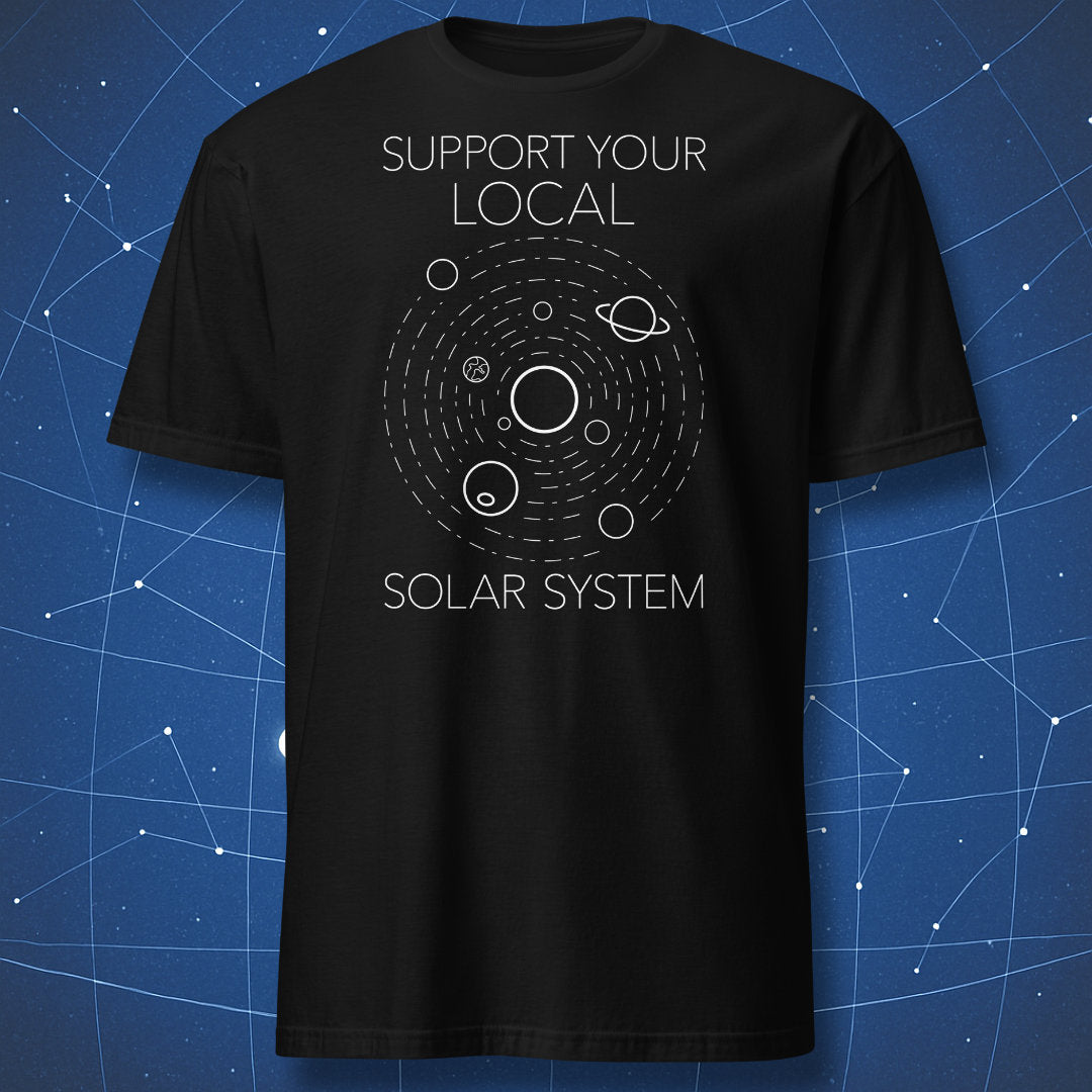 Support your local solar system t-shirt, minimalist orbital diagram with sun and planets in white line art on black background