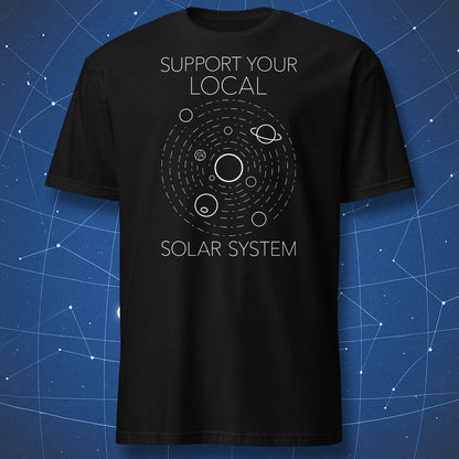 Support your local solar system t-shirt, minimalist orbital diagram with sun and planets in white line art on black background