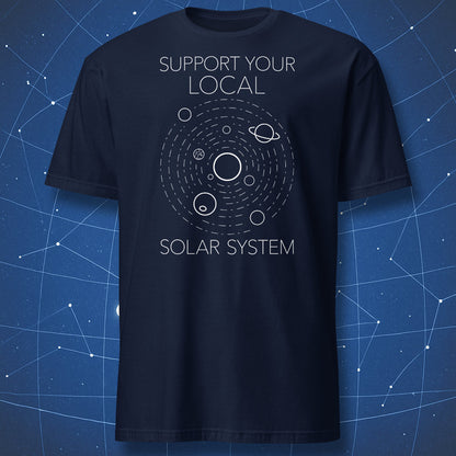 Support your local solar system t-shirt, clean white solar system diagram with circular orbits and planets on navy blue shirt