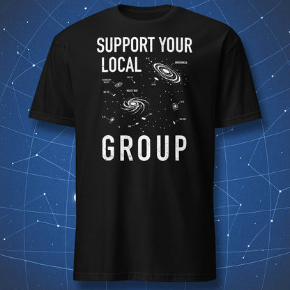 Support your local group t-shirt, detailed local group galaxy map with Milky Way, Andromeda and dwarf galaxies in white on black