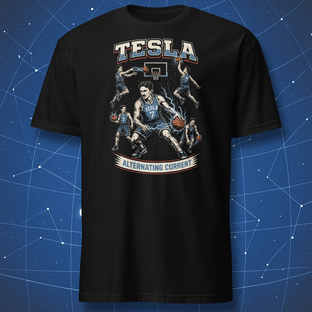 Black Tesla basketball shirt with alternating current design and electric lightning graphics