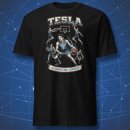 Black Tesla basketball shirt with alternating current design and electric lightning graphics