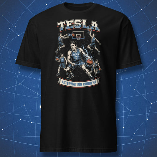 Black Tesla basketball shirt with alternating current design and electric lightning graphics