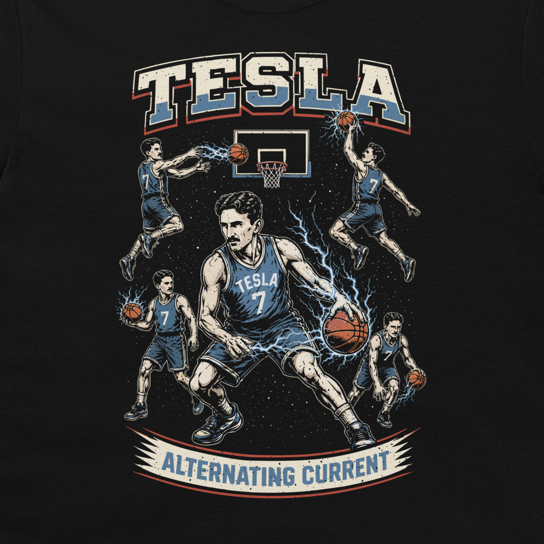 A black t-shirt featuring a graphic print of Nikola Tesla as a basketball player, with the word 'TESLA' at the top and 'ALTERNATING CURRENT' at the bottom.
