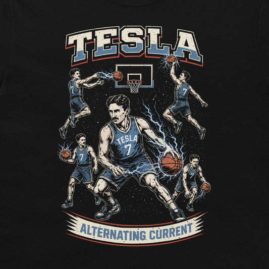 A black t-shirt featuring a graphic print of Nikola Tesla as a basketball player, with the word 'TESLA' at the top and 'ALTERNATING CURRENT' at the bottom.