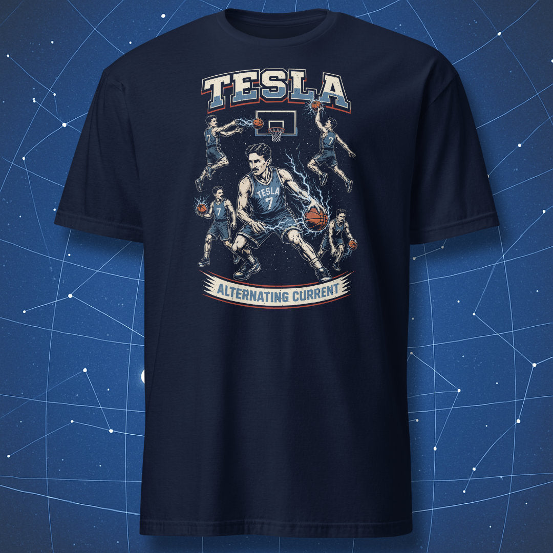 Navy Tesla basketball shirt featuring Nikola Tesla as player with lightning and alternating current theme