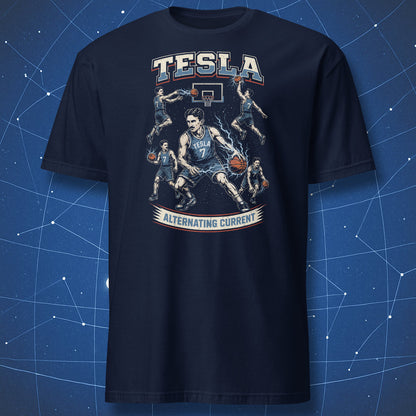 Navy Tesla basketball shirt featuring Nikola Tesla as player with lightning and alternating current theme
