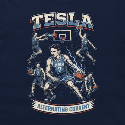 A navy blue graphic t-shirt featuring a stylized illustration of a basketball player with the name 'TESLA' and number '7' on his jersey, surrounded by lightning effects and multiple action poses of the same player, with the text 'TESLA' at the top and 'ALTERNATING CURRENT' at the bottom.